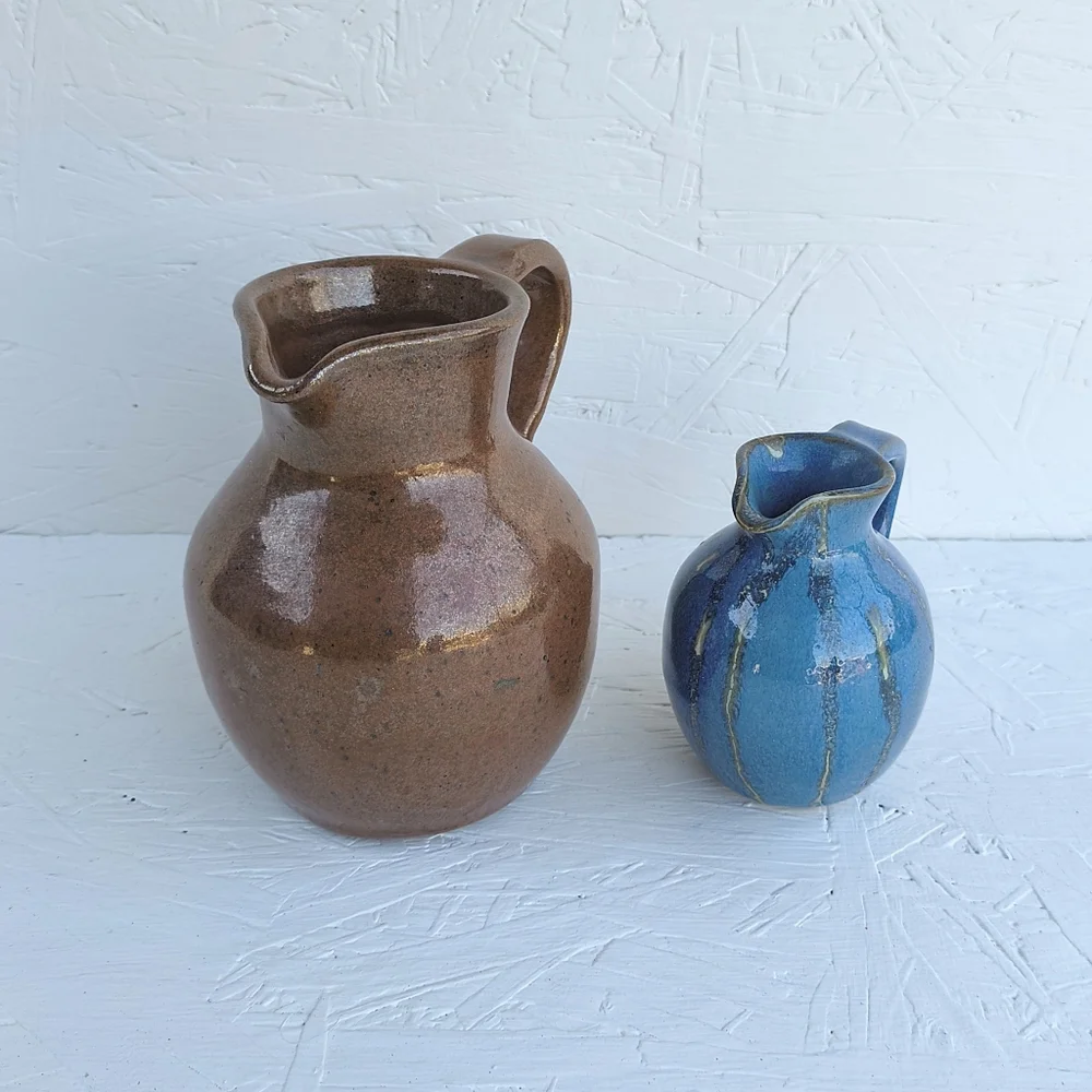 VINTAGE Ceramic Vases Blue & Brown Signed By Artist 1996 Set Of 2